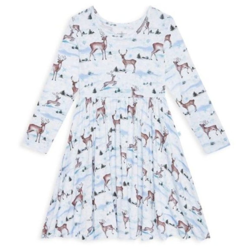 Vermont Deer in Snow Twirl Dress Long Sleeve 12 NWT